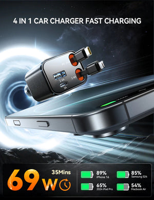 Cargador de Auto Joyroom Retráctil 4-en-1 USB-C Lightning Micro-USB