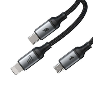 Cable 3 en 1 USB-C / Lightning / Micro USB 30W Carga Rápida 1.2 m Negro