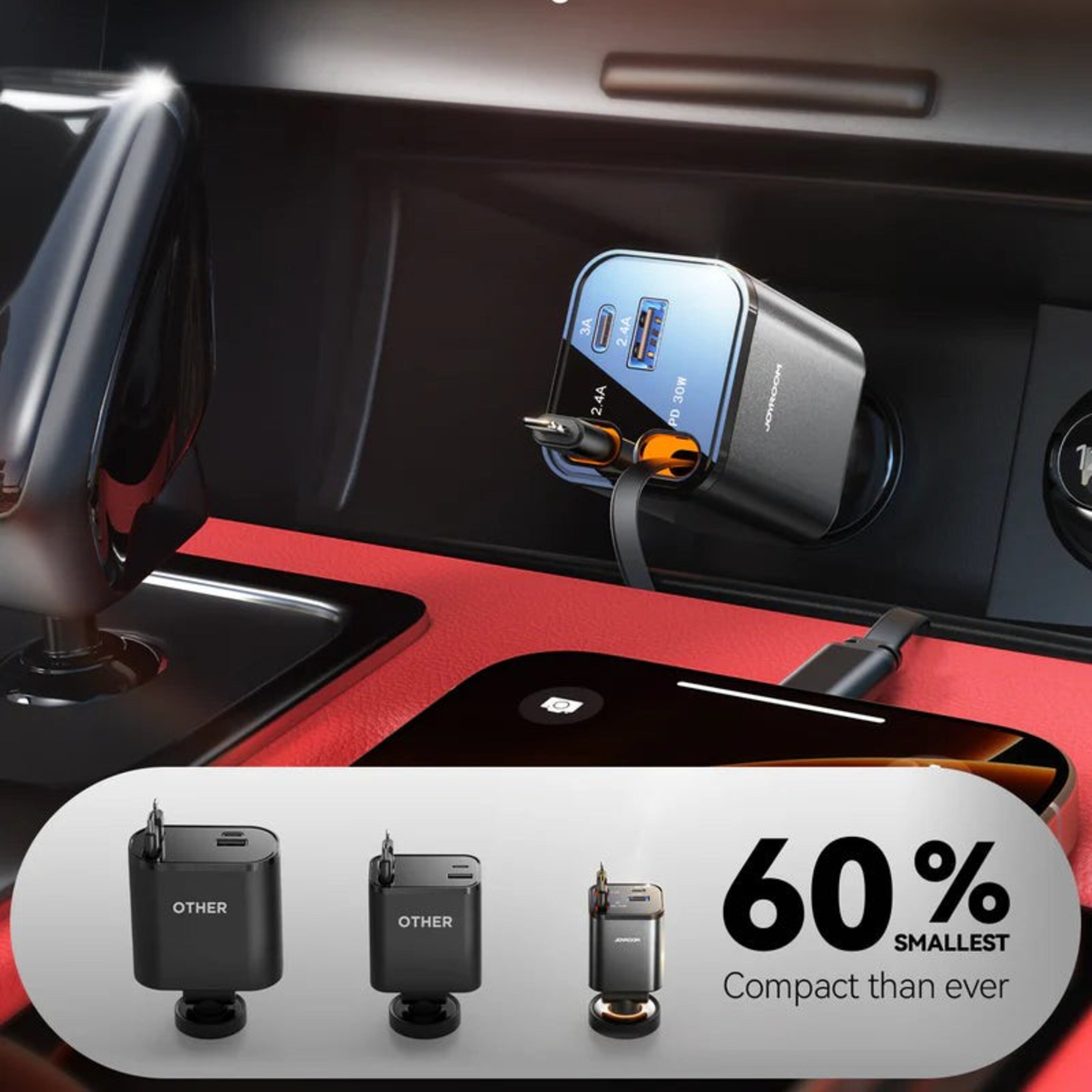 Cargador de Auto Joyroom Retráctil 4-en-1 USB-C Lightning Micro-USB 