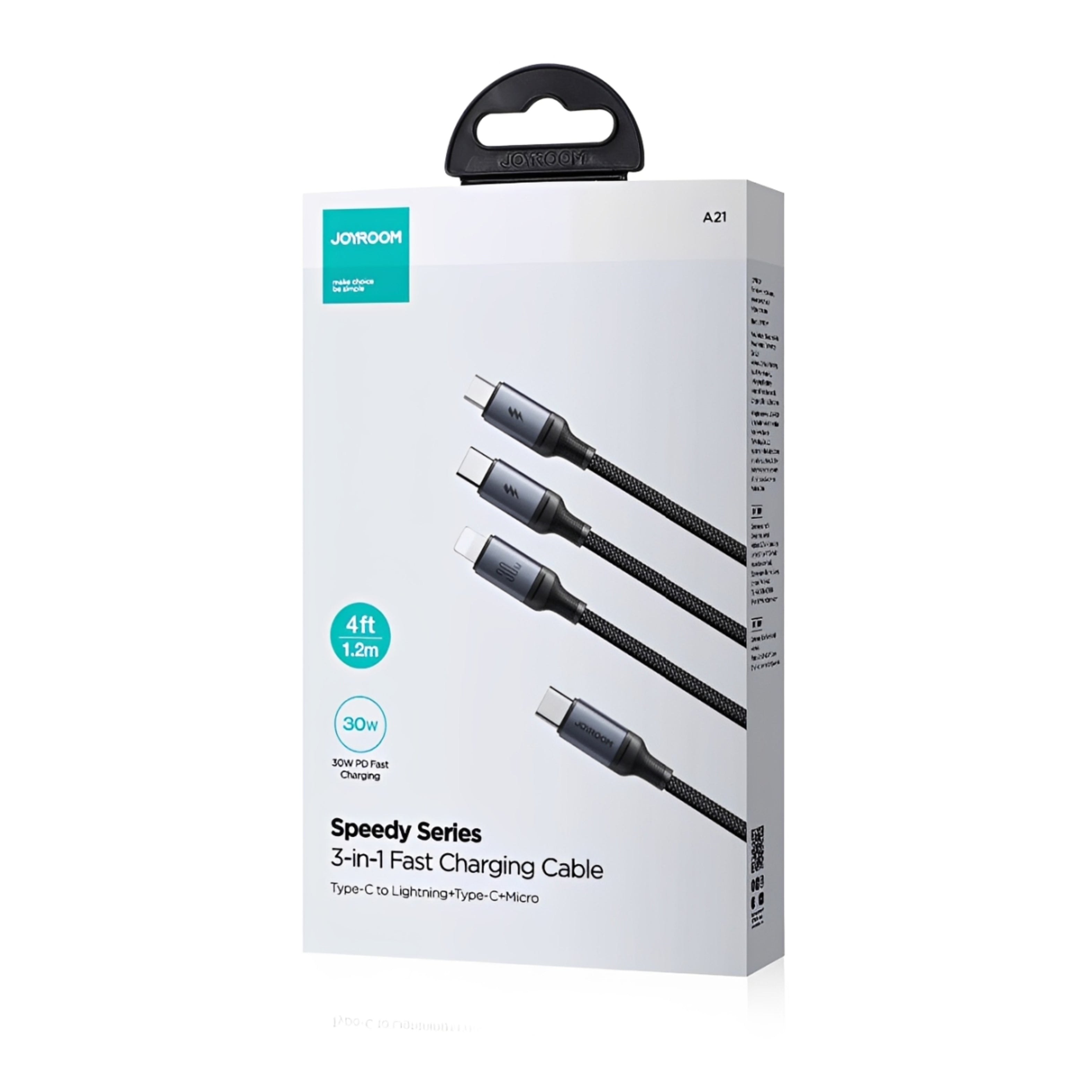 Cable 3 en 1 USB-C / Lightning / Micro USB 30W Carga Rápida 1.2 m Negro 
