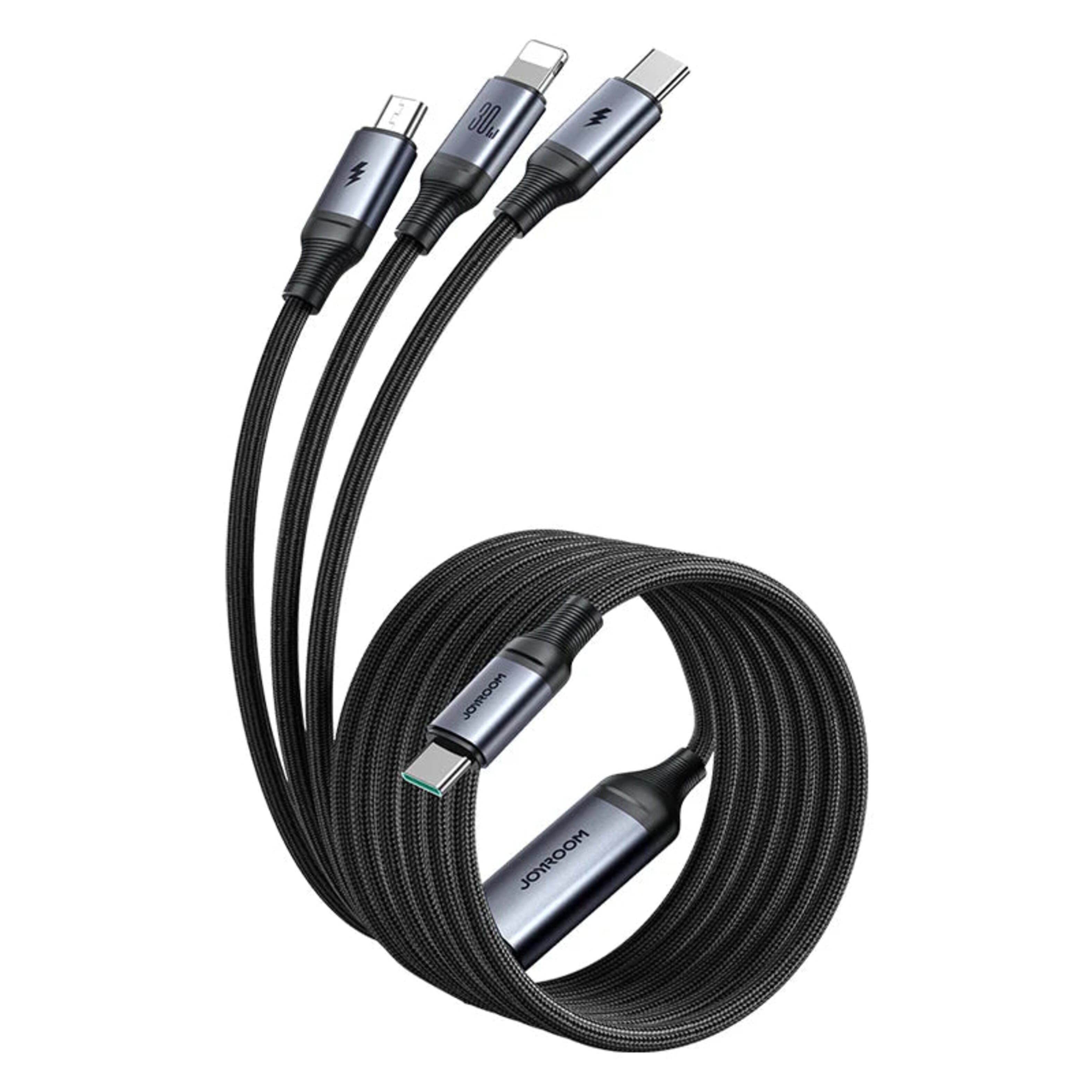 Cable 3 en 1 USB-C / Lightning / Micro USB 30W Carga Rápida 1.2 m Negro 