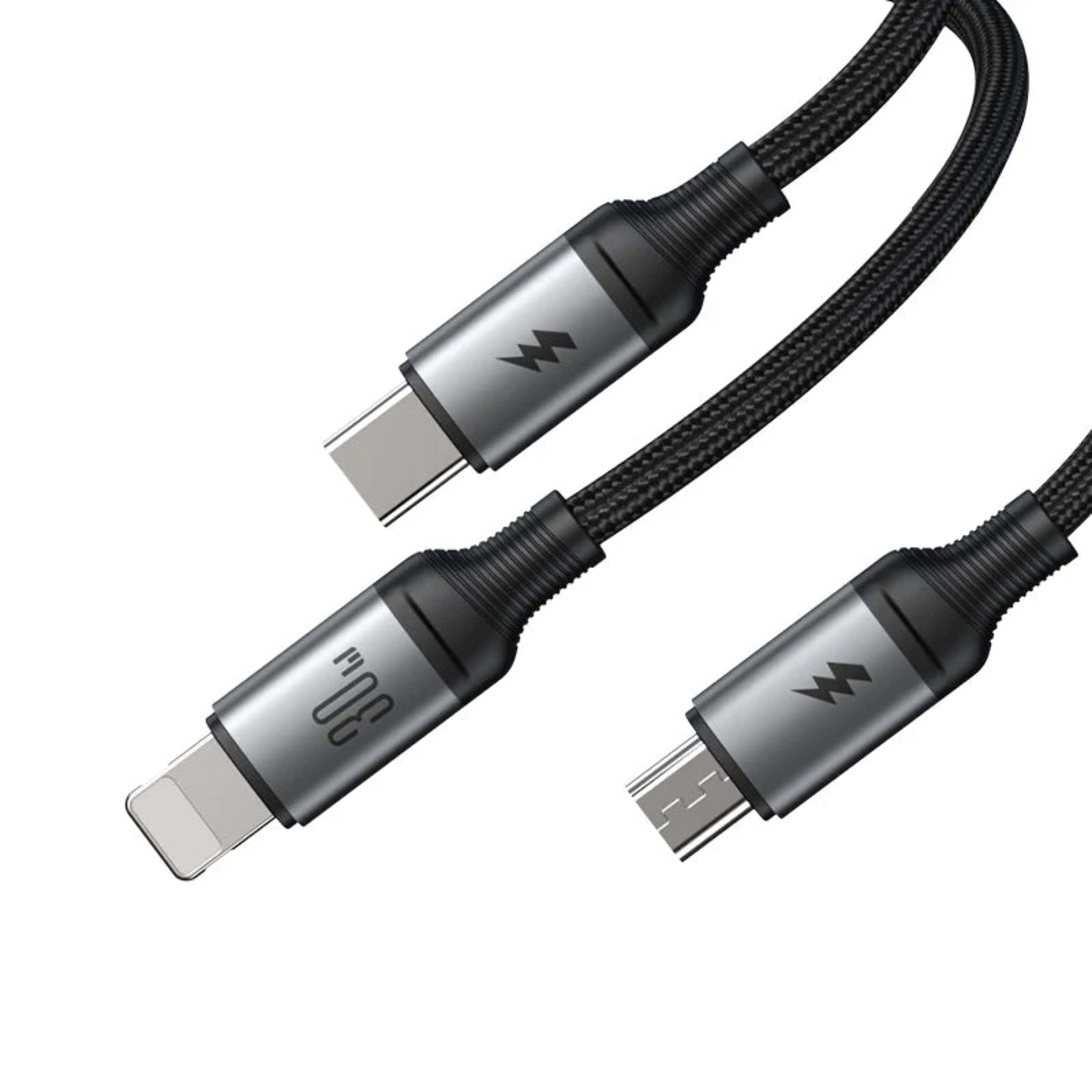 Cable 3 en 1 USB-C / Lightning / Micro USB 30W Carga Rápida 1.2 m Negro 