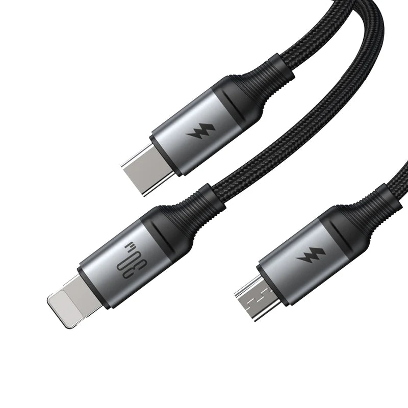 Cable de carga rápida 3 en 1  30W (Tipo-C a L+C+M) 1.2 m - Negro