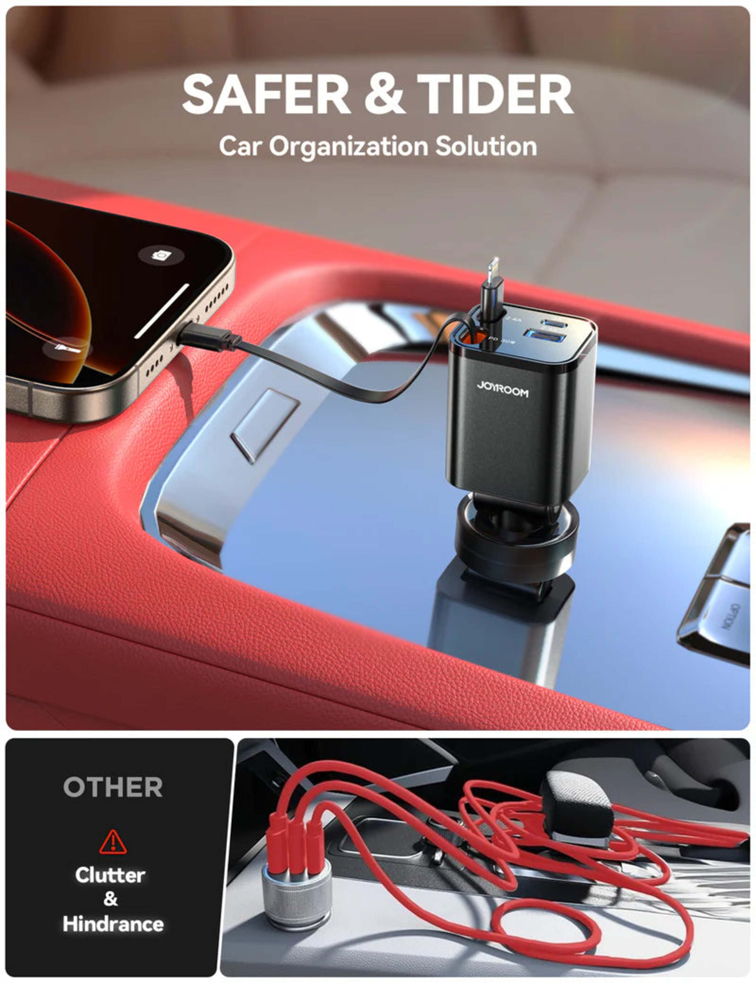 Cargador de Auto Joyroom Retráctil 4-en-1 USB-C Lightning Micro-USB 