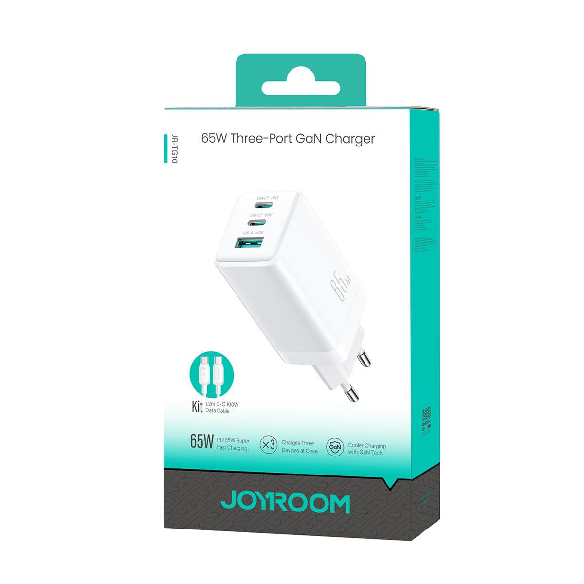 Cargador de pared JOYROOM JR-TG10 65W GaN USB-C a USB-C 1.2 m - Blanco