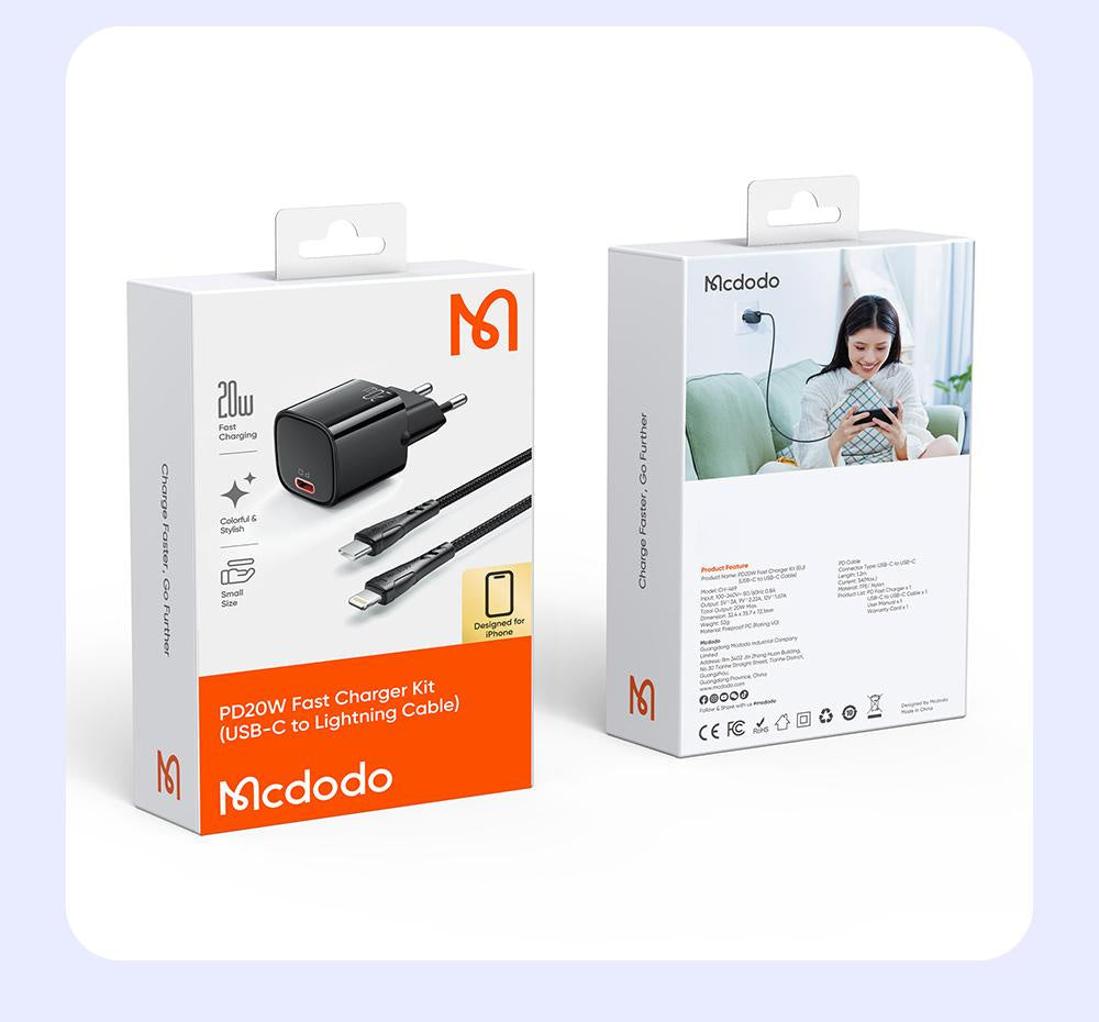 Cargador de pared McDodo CH-4693 20W USB-C a Lightning 1.2 m 1 puerto - Negro