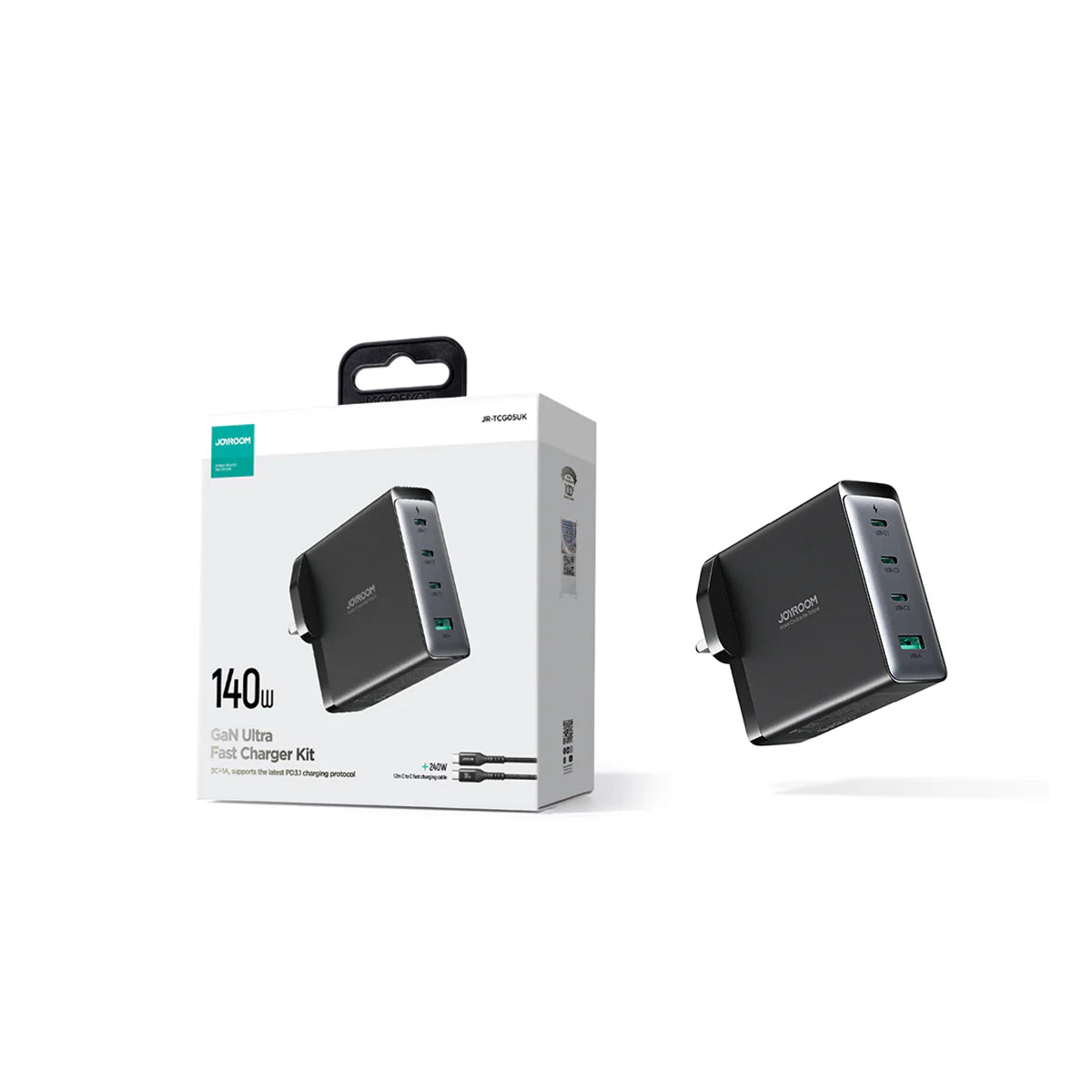Cargador rápido 140W 3C1A - Negro + Cable C a C 240W 1.2 m - Negro (EU) GaN Ultra JR-TCG05EU