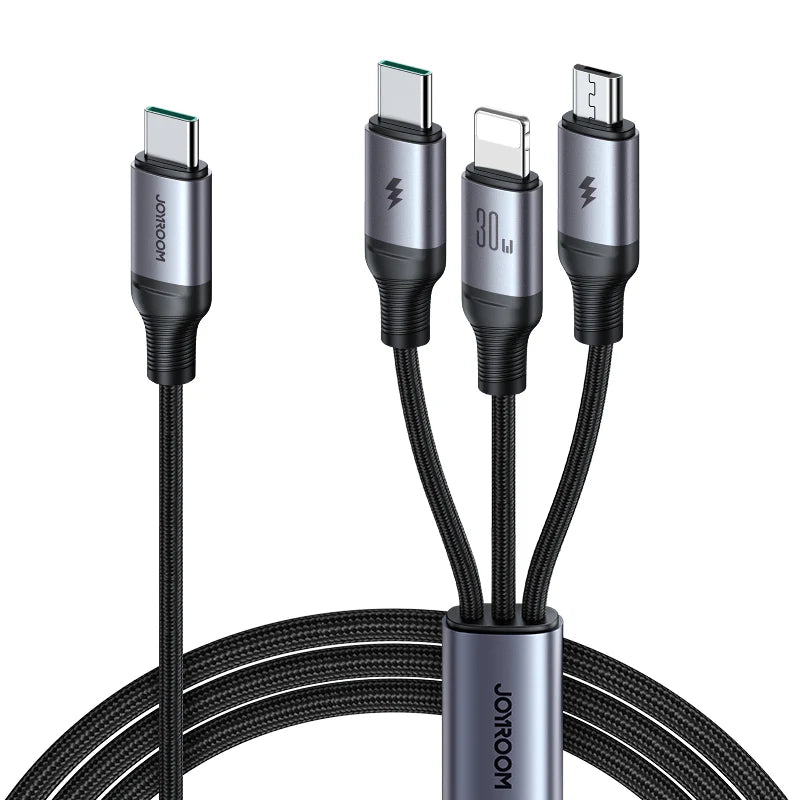 Cable de carga rápida 3 en 1  30W (Tipo-C a L+C+M) 1.2 m - Negro